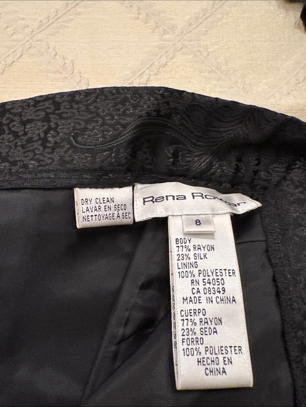 Rena Rowan Black pantsuit. Silk Jacquard Dress Pants with Rayon Silk blazer.